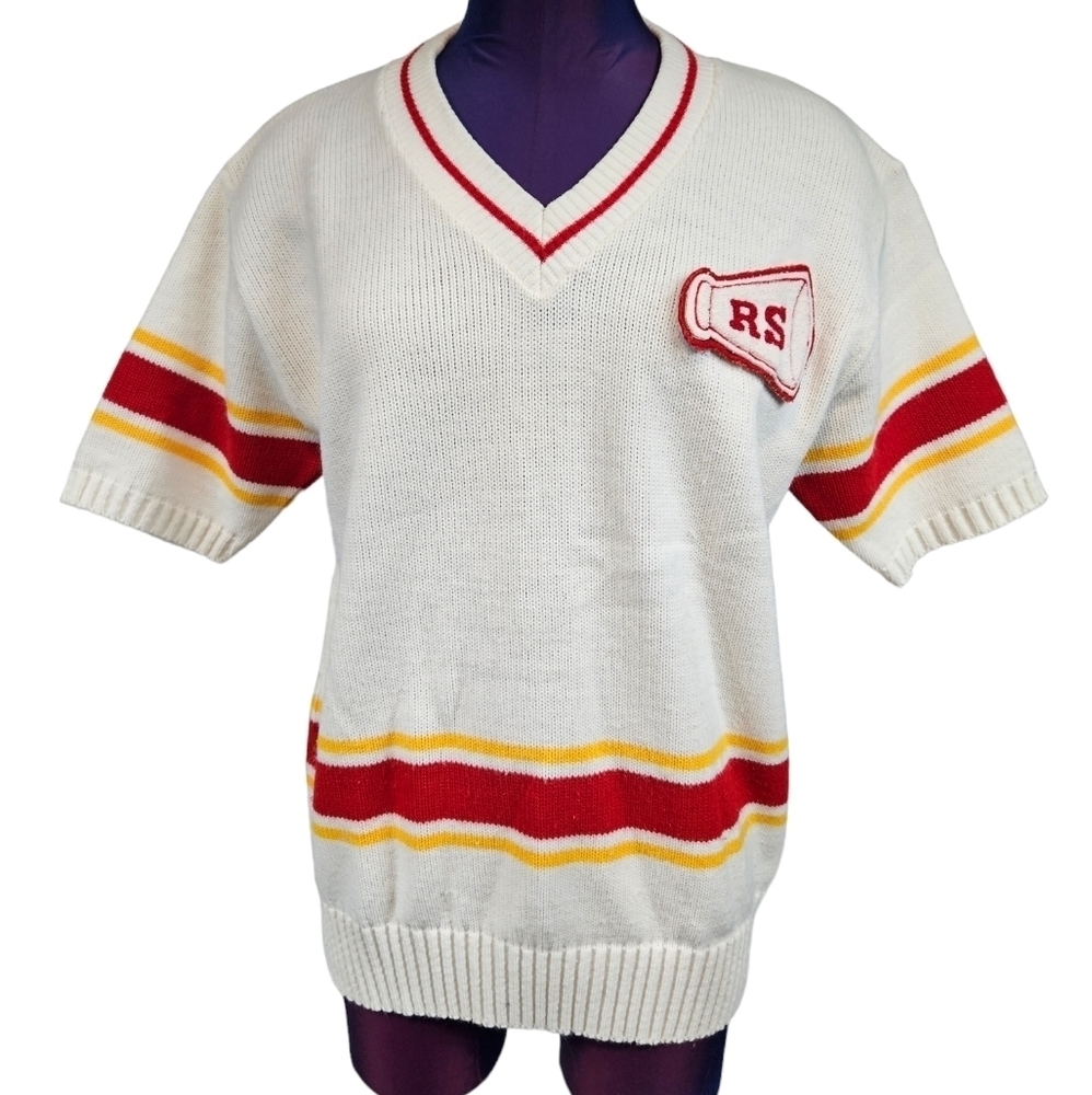 Vintage Bristol White & Red Varsity Cheerleader V-Neck Sweater‎ Size Large E48